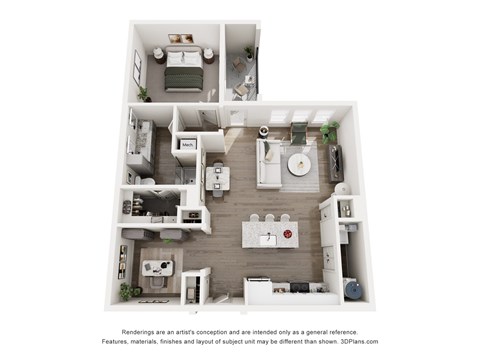 Floor plan for 1 bed, 1 bath, 931 sqft